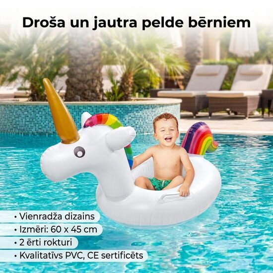 Bērnu Piepūšamais Vienradža Peldriņķis ar Rokturiem Baseinam un Pludmalei