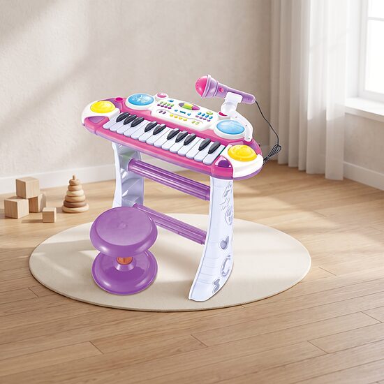 Bērnu klavieres - sintezators ar krēsliņu un mikrofonu, violetā krāsā, karaoke 53 x 63 x 28 cm