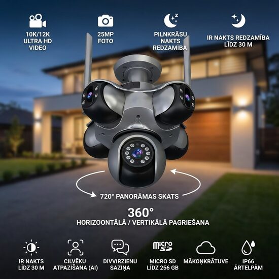 25MP WiFi PTZ Āra IP Novērošanas Kamera ar 5 Objektīviem, 360° Pagriešanu, AI Cilvēku Atpazīšanu, Krāsu Nakts Redzamību un Divvirzienu Audio