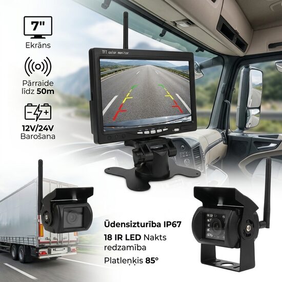 Bezvadu Atpakaļskata kamera 2gab plus Monitors 7'