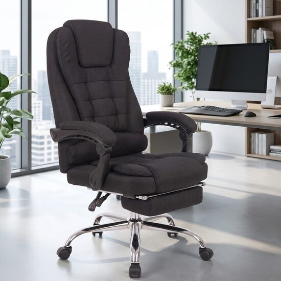 Ergonomisks biroja krēsls ar kāju balstu, regulējamu atzveltni un mīkstu polsterējumu, melns datorkrēsls 150 kg