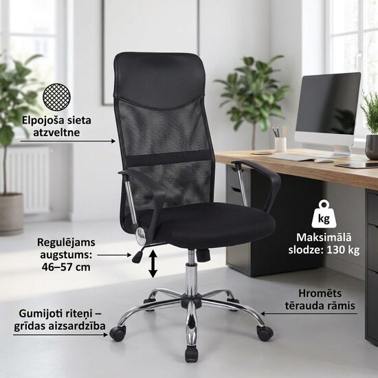 Biroja krēsls ergonomisks melns tīklveida, augstums regulējams