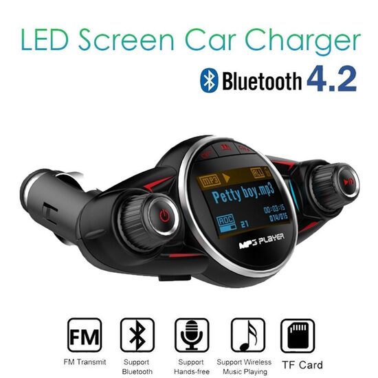 Bluetooth, dual USB automašīnas transmiteris - modulators, lādētājs, FM raidītājs, MP3 atskaņotājs ar AUX, atmiņas karti un brīvroku zvanu