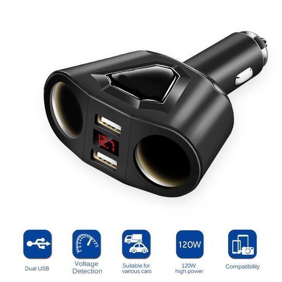 Dual USB piepīpētāja sadalītājs - lādētājs, 2x piepīpētāja ligzdas, 2x USB ligzdas + voltmetrs, DC 12V, 3-1A