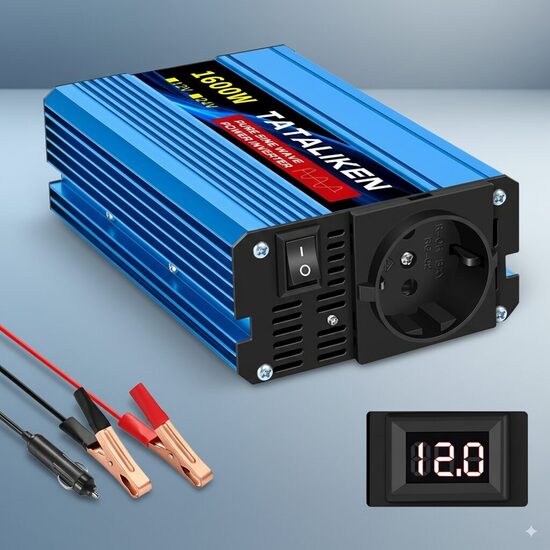 Jaudīgs 1600W Tīras Sinusoidālas Strāvas Invertors 12V uz 220V ar ES Rozeti