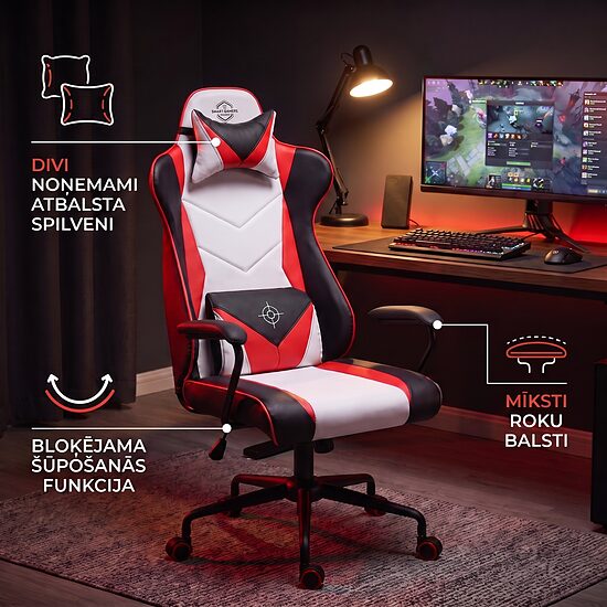 Sarkani balts ergonomisks datorkrēsls ar diviem spilveniem līdz 120 kg