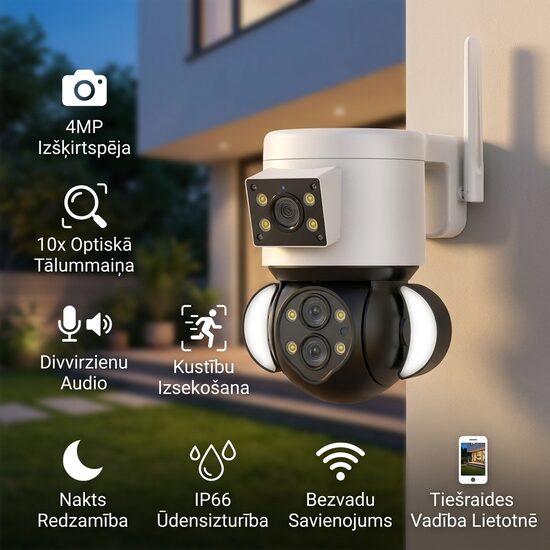 Wifi Kamera 10x Zoom, 4MP (3 lēcas), ar kustības detektoru (seko līdz objektam), Nakts redzamības Video novērošanas kamera (ieraksts, skaņa, paziņojums uz telefonu)