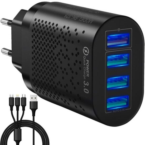 Telefona lādētājs ar 4 usb portiem (2.1-3.0A,) ar universālu uzlādes vadu (micro usb, usb - C , iphone) planšetes lādētājs