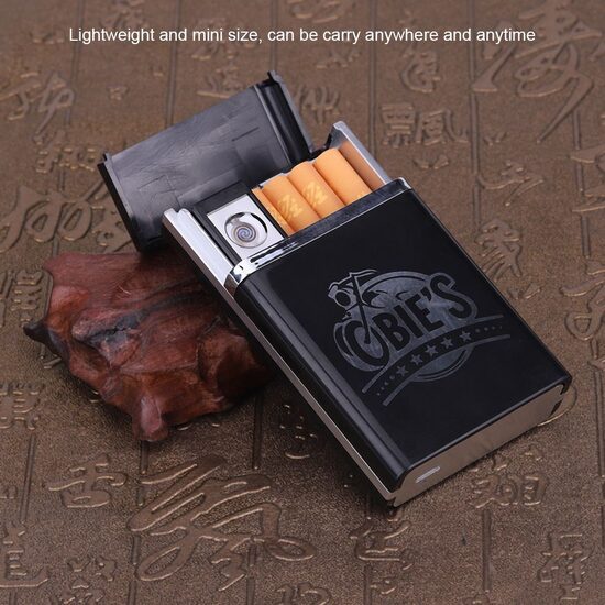 Portatīvā cigarešu kastīte + šķiltavas - divi vienā, lādējamas no USB, ar dizainu