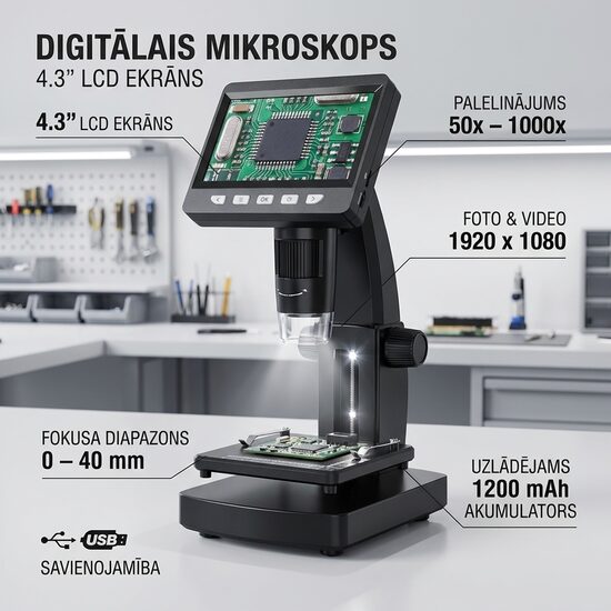 Digitālais mikroskops ar LCD ekrānu 4.3” 1000x