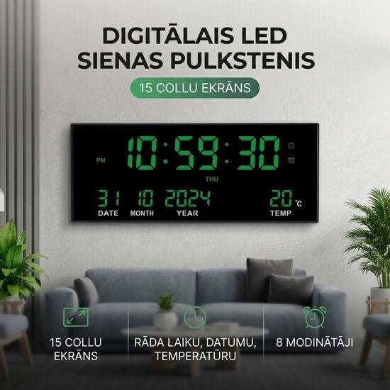 Liels Digitālais LED Sienas Pulkstenis 15 Collu