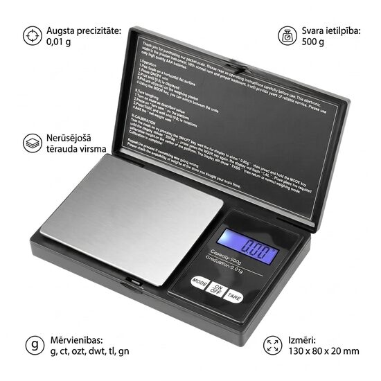 Digitālie svari 500g / 0,01g, LCD, nerūsejoša platforma