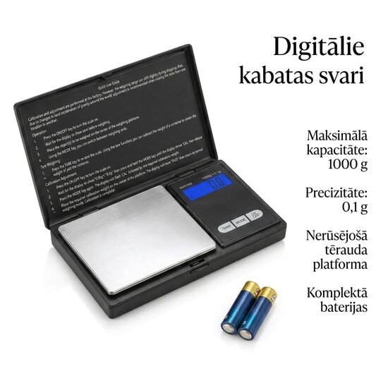 Kabatas Digitālie Svari 1000 g / 0,1 g ar LCD Displeju un Nerūsējošā Tērauda Platformu