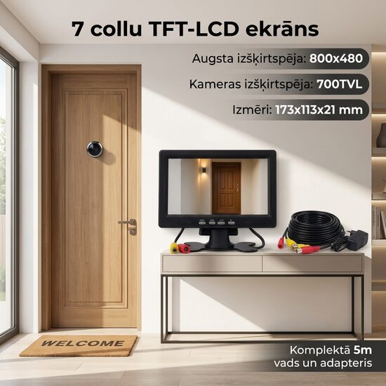 Durvju kamera - actiņa ar monitoru 7 collas, 5m vads