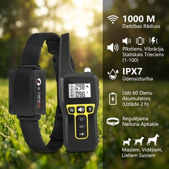 Suņu dresūras siksna (1000m) ar elektro impulsu, vibrāciju, skaņas signālu, uzlādējama un mitrumizturīga