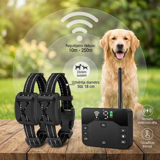 2 Suņiem Bezvadu Radiosēta (wifi 250m) un Suņu treniņsiksna (divi vienā), uzlādējama