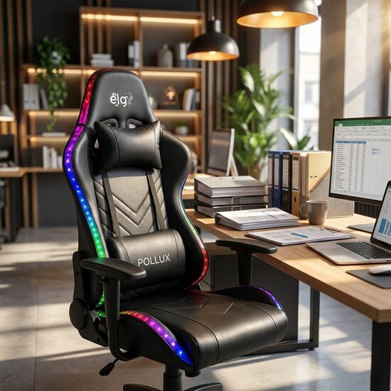Ergonomisks datorkrēsls ar LED apgaismojumu, regulējamiem roku balstiem, spilveniem un eko ādas apdari līdz 150 kg
