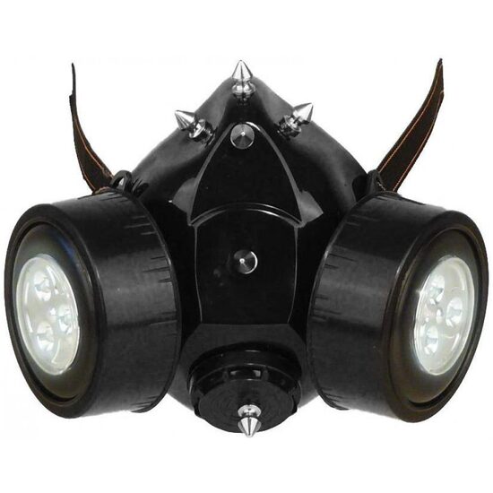 Stilizēts respirators ar diviem filtriem un apgaismojumu, sejas aizsargmaska