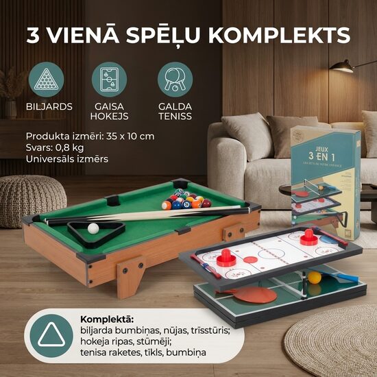 3-in-1 spēļu galds bērniem un pieaugušajiem – biljards, galda teniss, gaisa hokejs 52,5 x 32,5 x 10,5 cm