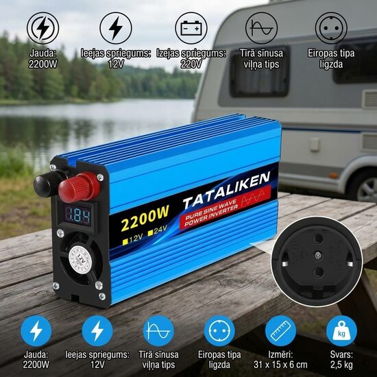 2200W Tīrā Sīnusa Jaudas Pārveidotājs 12V uz 220V - Uzticams Enerģijas Avots Ceļojumiem un Mājai!