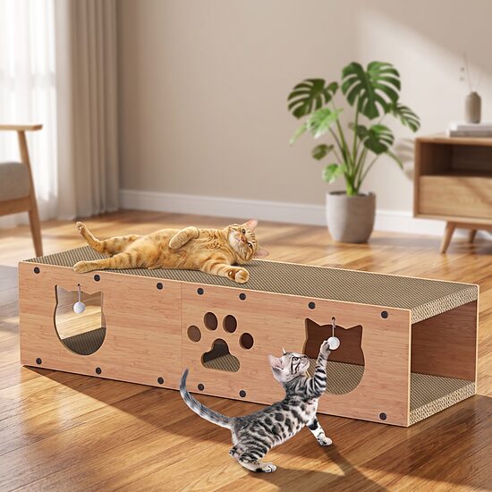 Kaķu Māja ar Skrāpējamo Virsmu un Gultiņu – 3-vienā Dizains, 100x29x30cm, Neslīdošs, No Gofrēta Kartona un Koka