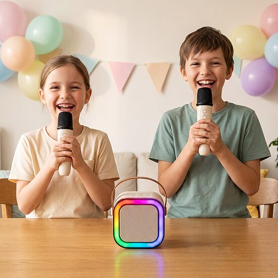 Karaoke komplekts ar 2 bezvadu mikrofoniem, Bluetooth un LED