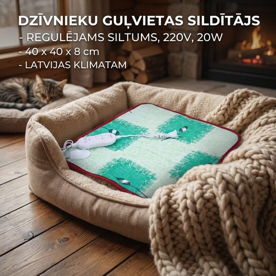 Dzīvnieku (suņu, kaķu) guļvietas sildītājs ar regulējamu siltumu, 220V, 20W, 40 x 40 x 8 cm