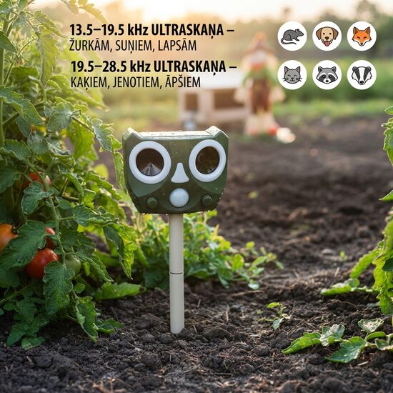 Saules enerģijas ultraskaņas dzīvnieku atbaidītājs dārzam ar kustības sensoru
