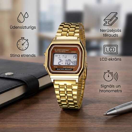 Elegants universāls nerūsējošā tērauda digitālais rokas pulkstenis ar LCD ekrānu, ūdensizturīgs