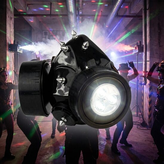 Stilizēts respirators ar diviem filtriem un apgaismojumu, sejas maska ballītēm