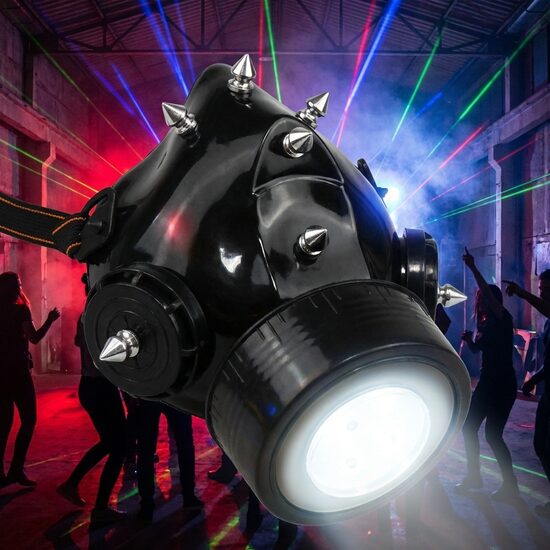 Stilizēts respirators ar apgaismojumu un vienu filtru, sejas aizsargmaska ballītēm