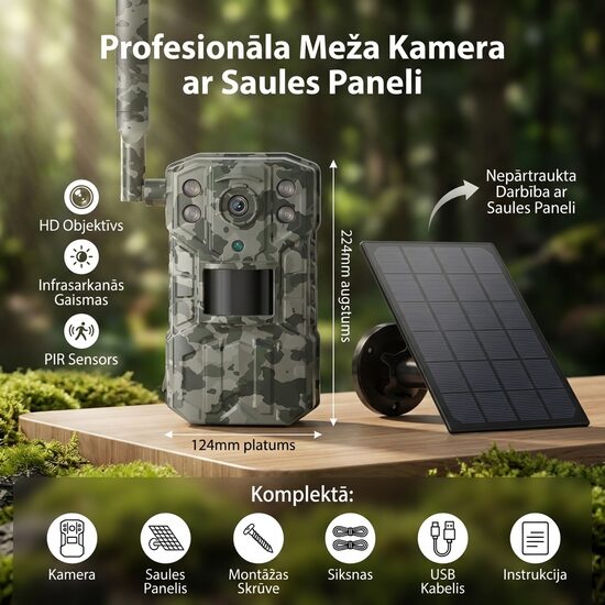 Medību kamera ar saules paneli un akumulatoriem, 4G online video