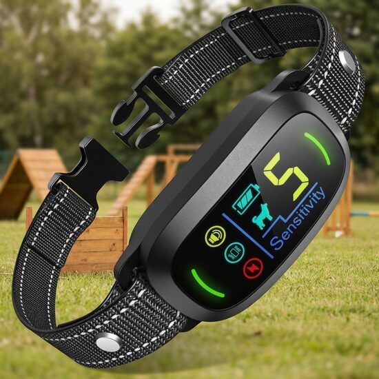 Suņu pretriešanas kakla siksna ar Ultraskaņu, Vibro, Elektro impulsiem (LCD ekrāns, ip68 ūdens izturība), antilaj