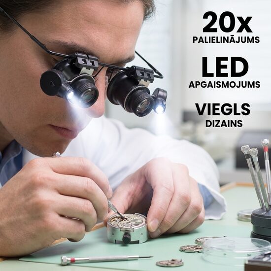 Brilles ar 20x palielinājumu un LED apgaismojumu