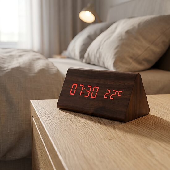LCD koka pulkstenis - trijstūris ar datumu, modinātāju un temperatūras rādītāju
