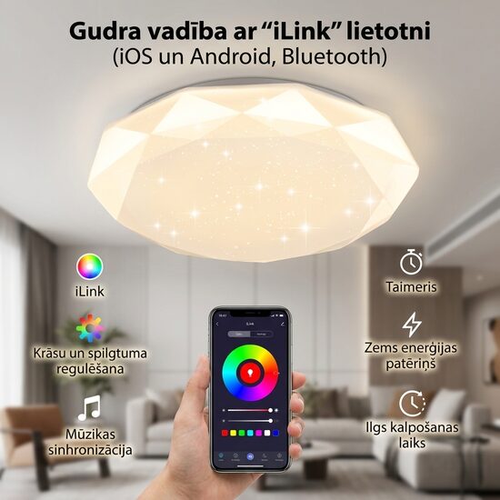 Led griestu lampa ar bluetooth (35x9 cm, 24w, vadāma no telefona)