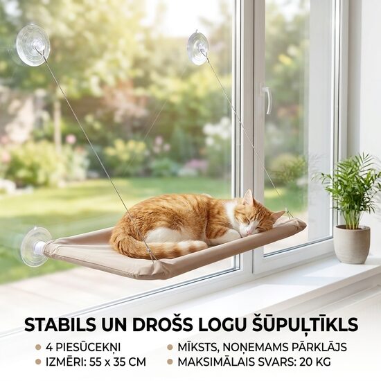 Kaķu gulta pie loga stiprināma 55x35cm mīksta dzīvnieku guļvieta