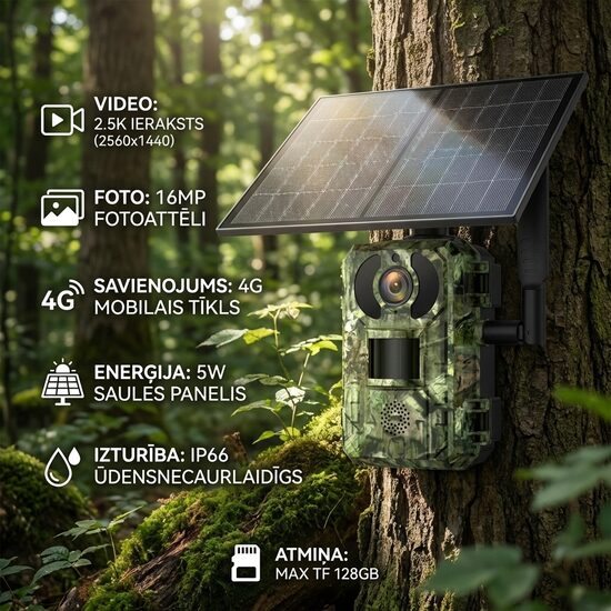 4G Meža kamera ar saules paneli (online video telefonā, bildes un ieraksts dienā un naktī), viegli uzstādāma mednieku kamera