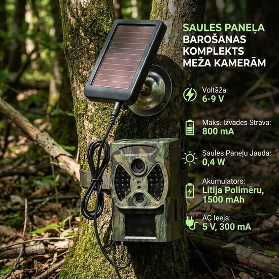 Meža kameru papildus akumulators, lādējams no saules gaismas 1500mA 6-9 V Lithium-Ion Polymer