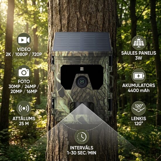 4G online Mednieku / meža kamera ar saules paneli (online video,30MP, foto, ieraksts caur app uz telefonu)