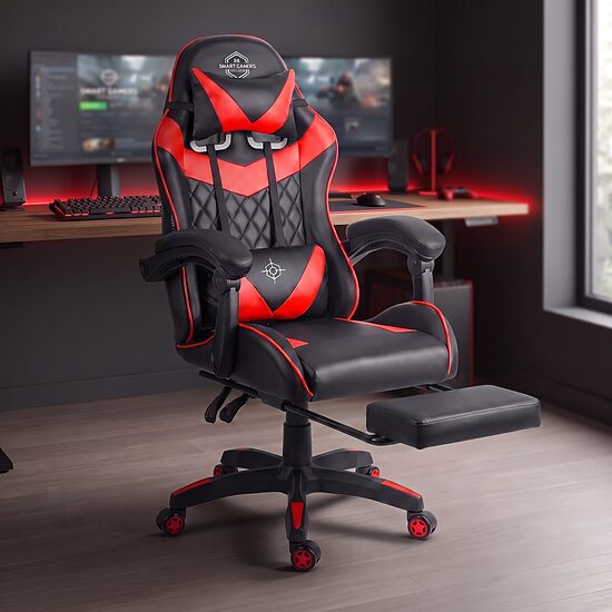 Melni sarkans ergonomisks datorkrēsls ar kāju balstu līdz 150 kg