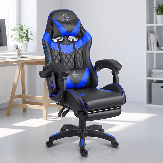 Melni zils ergonomisks datorkrēsls ar kāju balstu līdz 150 kg