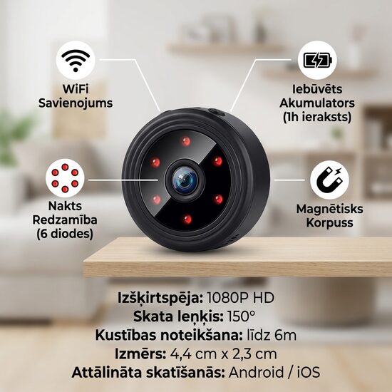 Wifi kamera ar akumulatoru, videonovērošanas kamera ar ierakstu un nakts redzamību, HD