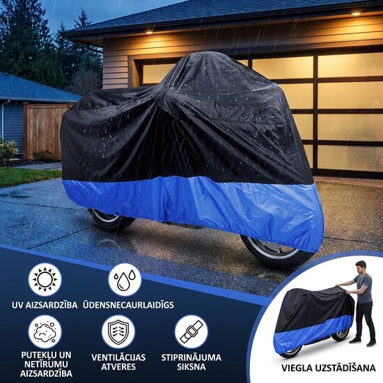 Moto pārvalks ar UV, Lietus, Putekļu aizsardzību (melns ar zilu), XL