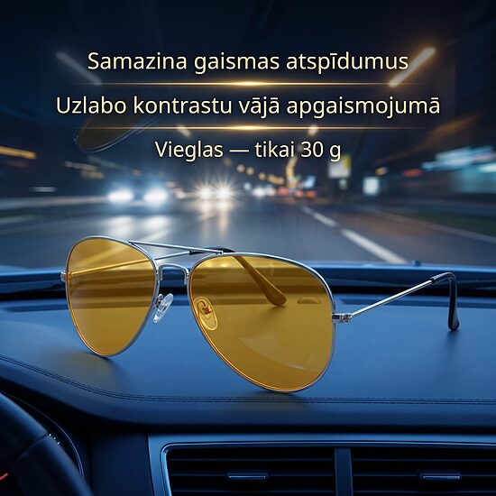 Nakts brilles autovadītājiem ar dzeltenām lēcām, pretspīduma