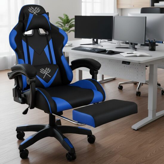 'Geimeru' datorkrēsls ar kāju paliktni, zils ar melnu