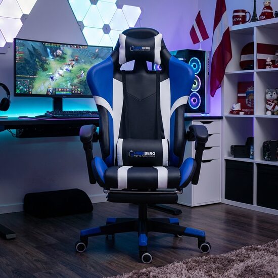 Ergonomisks spēļu un biroja krēsls ar kāju balstu, zils ar melnu, Herzberg HG-8083 Datorkrēsls