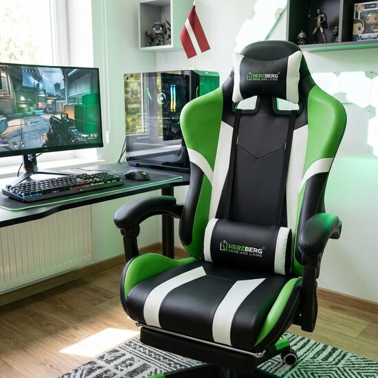 Regulējams Gaming un Biroja Krēsls ar Kāju Balstu, zaļš ar melnu datorkrēsls