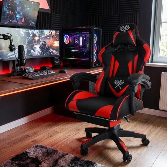 'Gaming' krēsls ar kāju balstu, melns ar sarkanu spēļu datorkrēsls