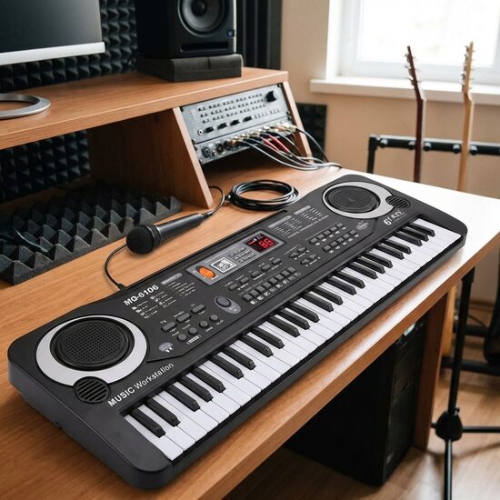 Elektroniskās klavieres - sintezators ar mikrofonu, dažādām funkcijām un 61 taustiņu, 54 x 14,5 cm